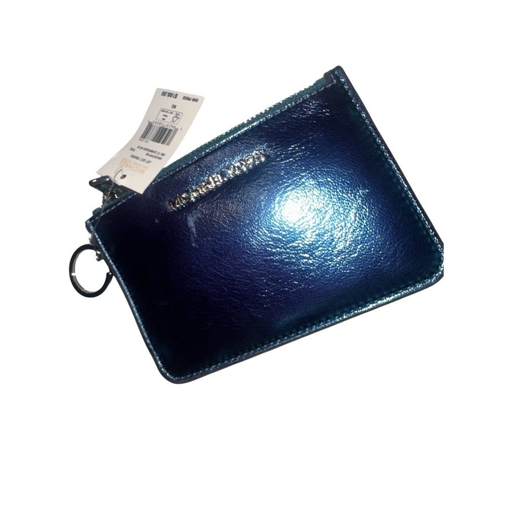 New with tags $188 Michael Kors Metallic Blue Leather Pouch Zipper Key Ring - Picture 4 of 15